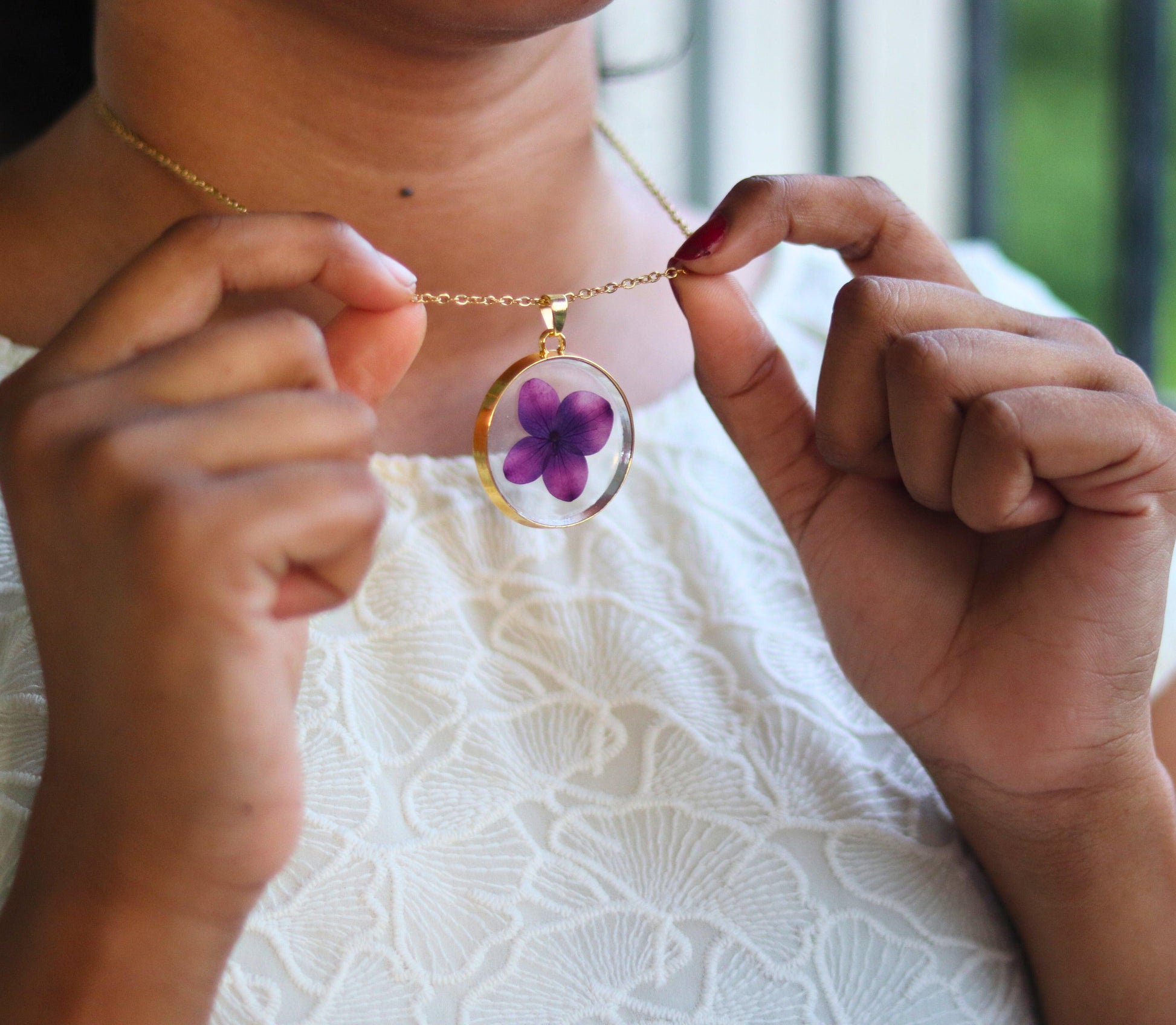 Azure Blossom Pendant Purple | Real Flower Jewellery | Elnorah Botanical Jewellery