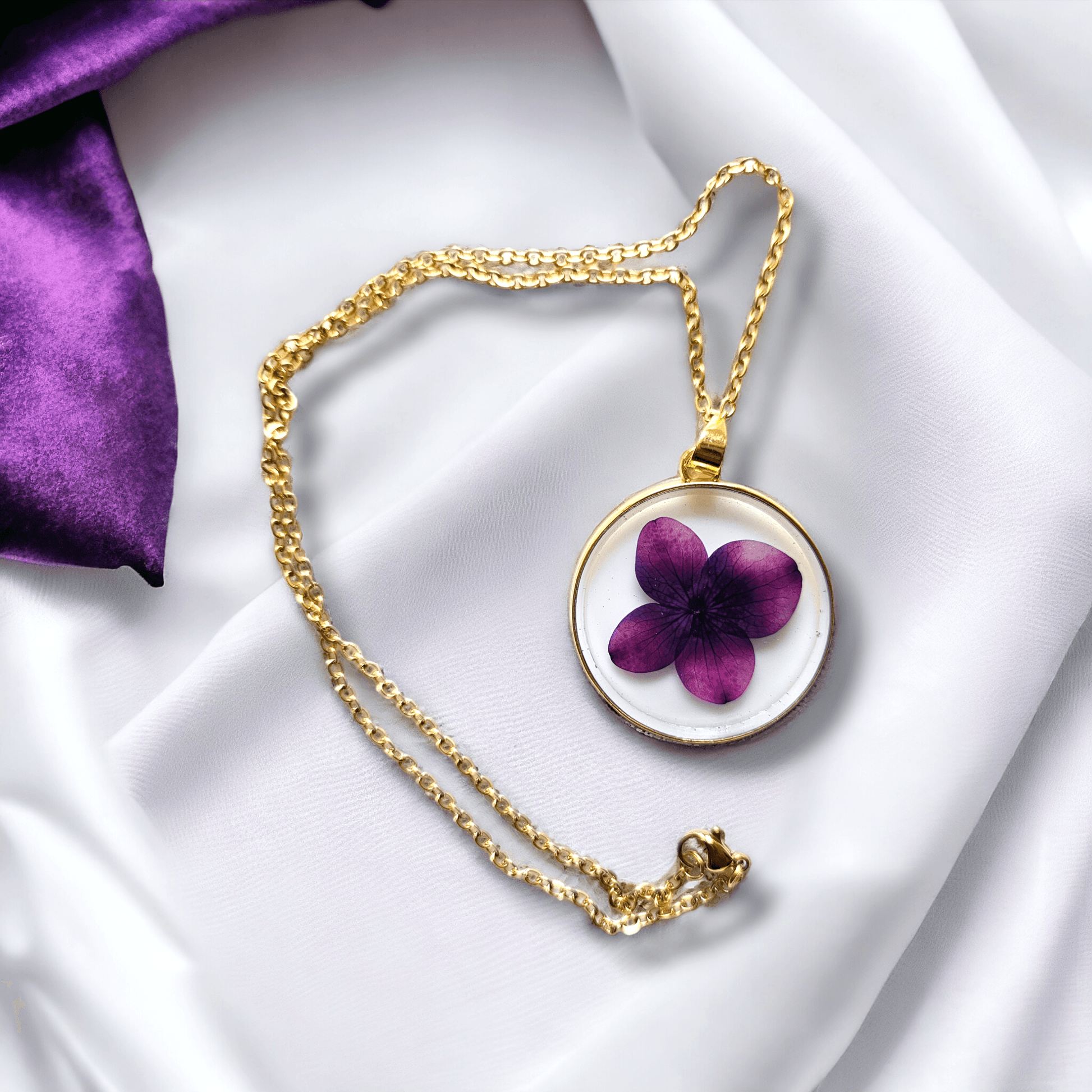 Azure Blossom Pendant Purple | Real Flower Jewellery | Elnorah Botanical Jewellery