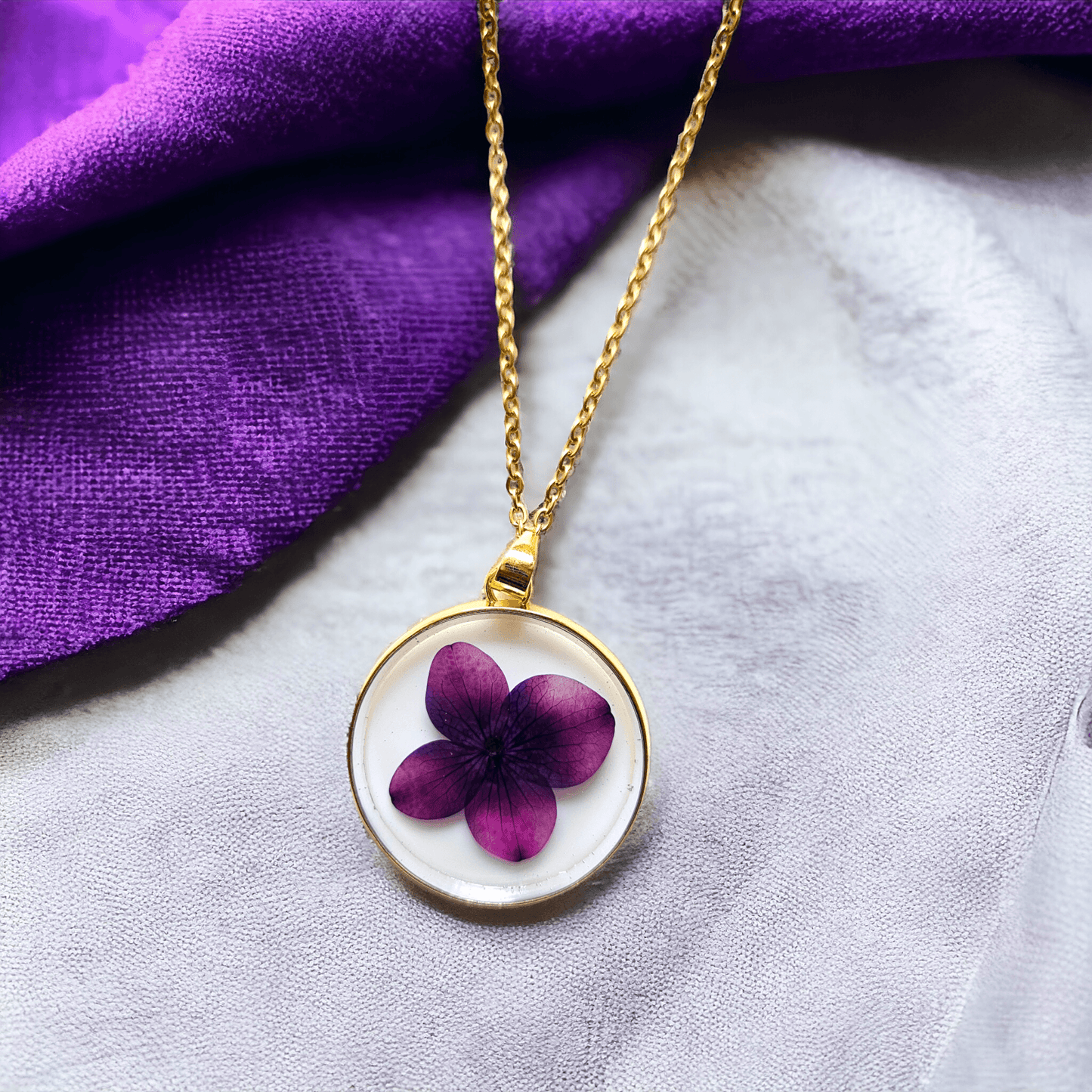 Azure Blossom Pendant Purple | Real Flower Jewellery | Elnorah Botanical Jewellery