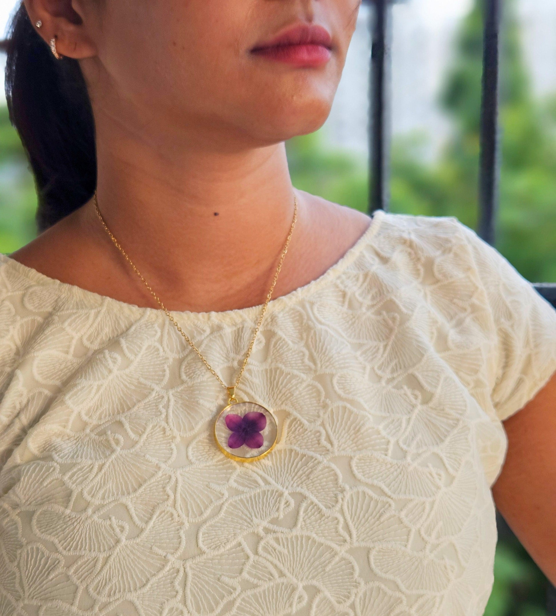 Azure Blossom Pendant Purple | Real Flower Jewellery | Elnorah Botanical Jewellery