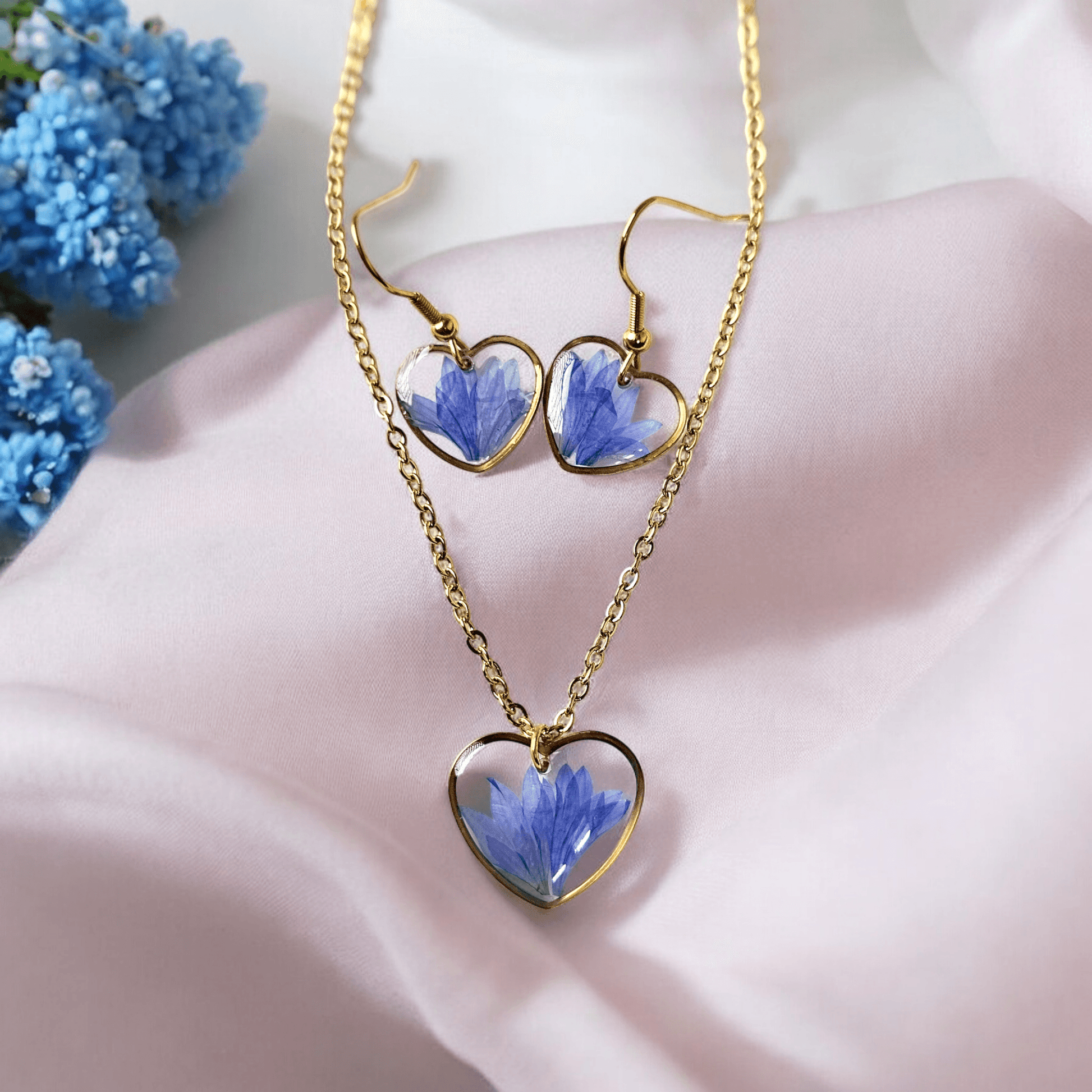 Love Blossom Blue Cornflower Jewellery set | Minimalistic earrings | Valentines day gift | Gift for women | Real flower jewellery | Elnorah Jewellery