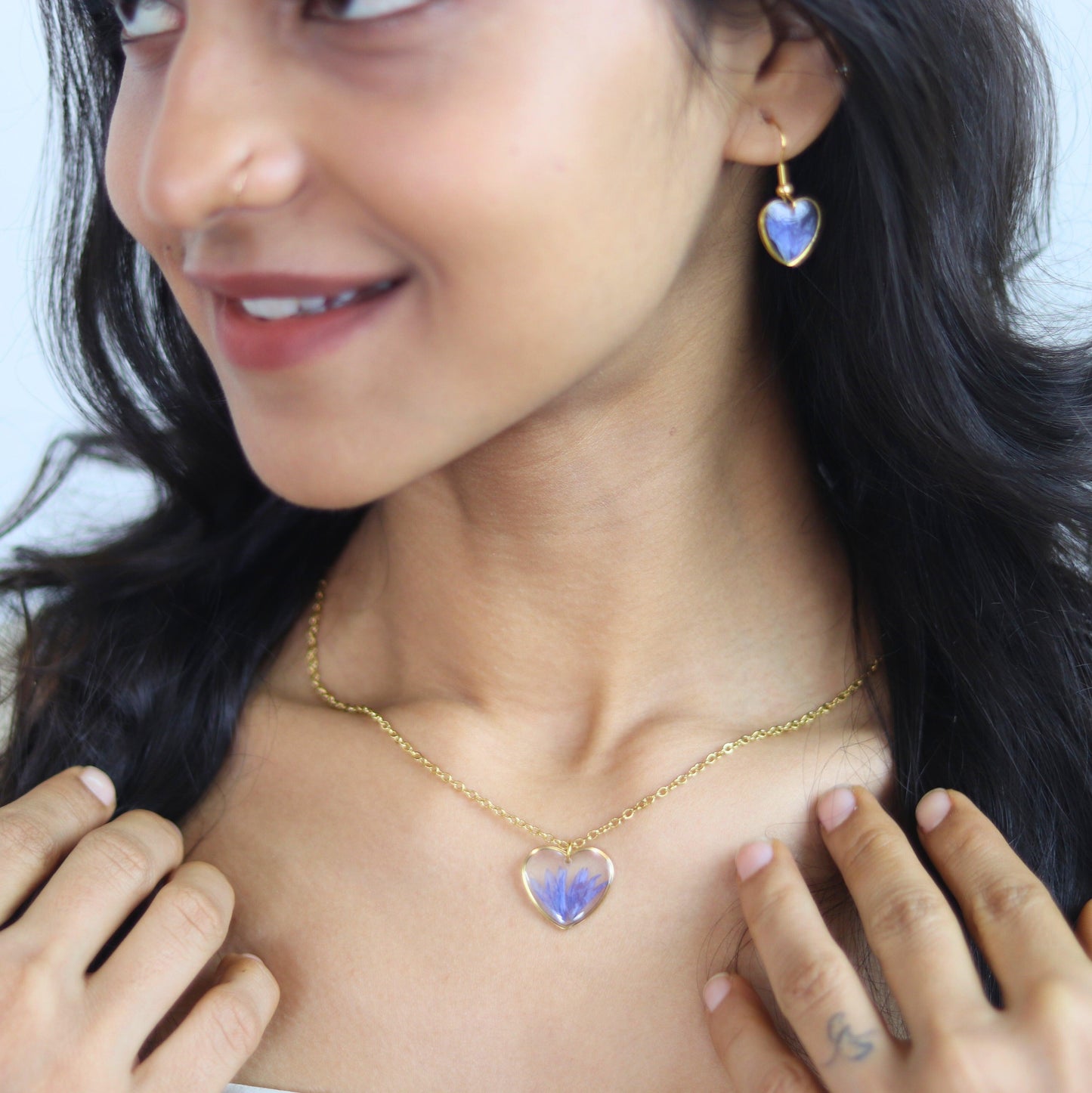 Love Blossom Blue Cornflower Jewellery set | Minimalistic earrings | Valentines day gift | Gift for women | Real flower jewellery | Elnorah Jewellery
