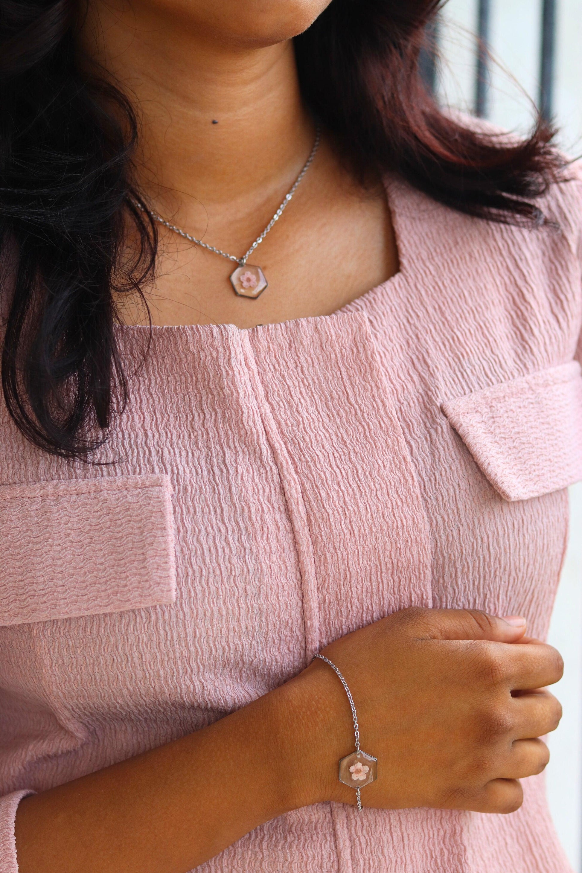 Pink Forget me not Jewellery set | Real Flower Jewellery | Elnorah Botanical Jewellery