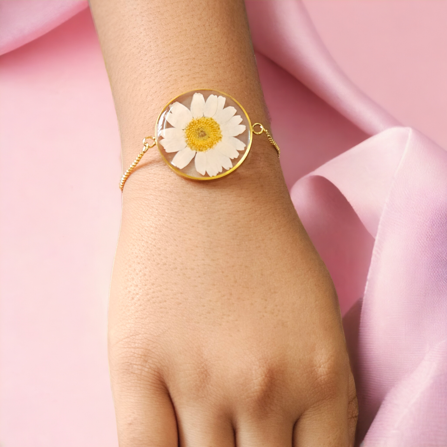 Peach Daisy Bracelet Model | Real Flower Jewellery