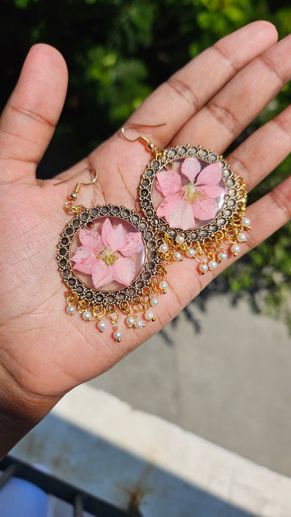 Pink Blossom Dangle | Real Flower Jhumka | Elnorah Jewellery