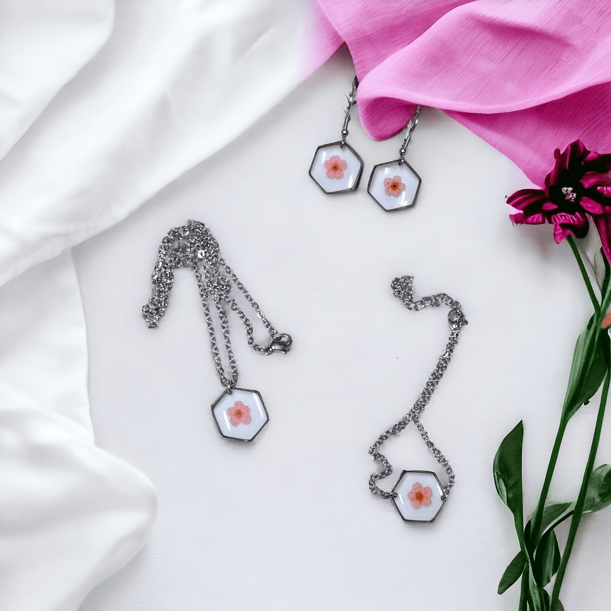 Pink Forget me not Jewellery set | Real Flower Jewellery | Elnorah