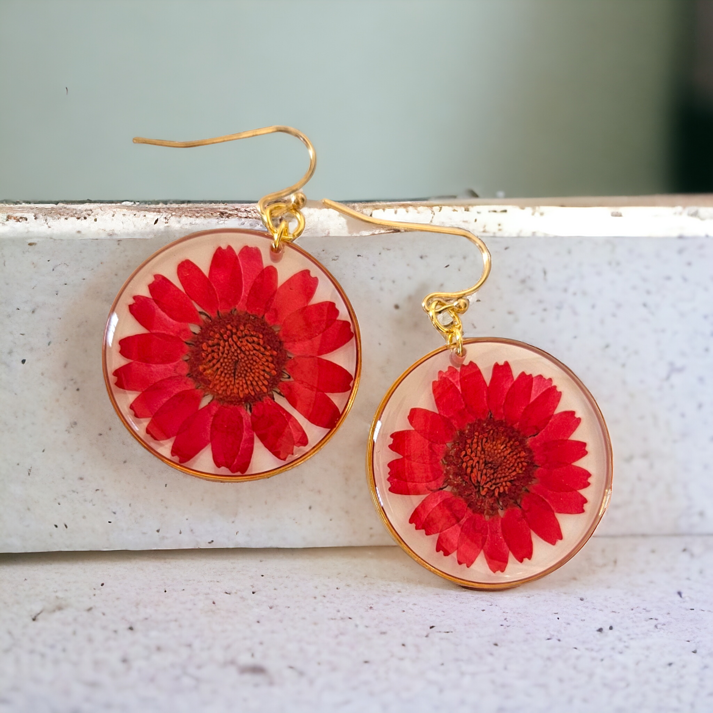 Red Daisy Earrings | Real Flower Earrings | Elnorah Jewellery