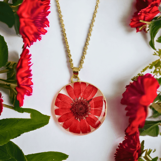 Red Daisy Jewellery Set | Real Flower Jewellery | Elnorah Botanical Jewellery