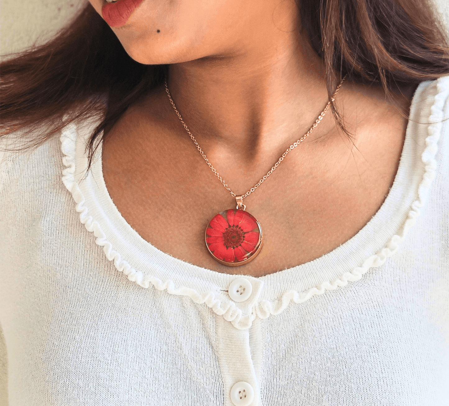 Red Daisy Jewellery Set | Real Flower Jewellery | Elnorah Botanical Jewellery