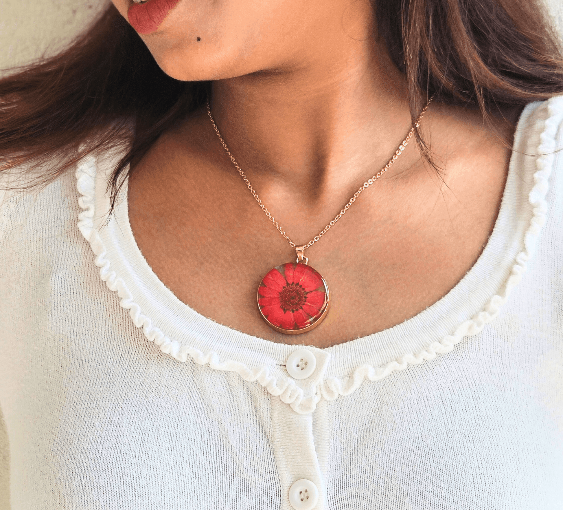 Red Daisy Jewellery Set | Real Flower Jewellery | Elnorah Botanical Jewellery