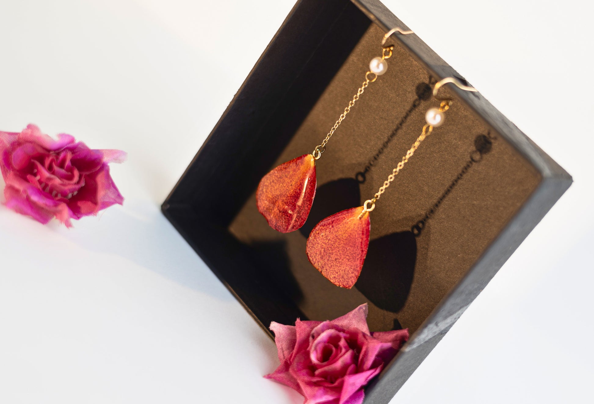 Rose petal earrings Long | Real flower jewellery | Elnorah Jewellery | Rose Petal