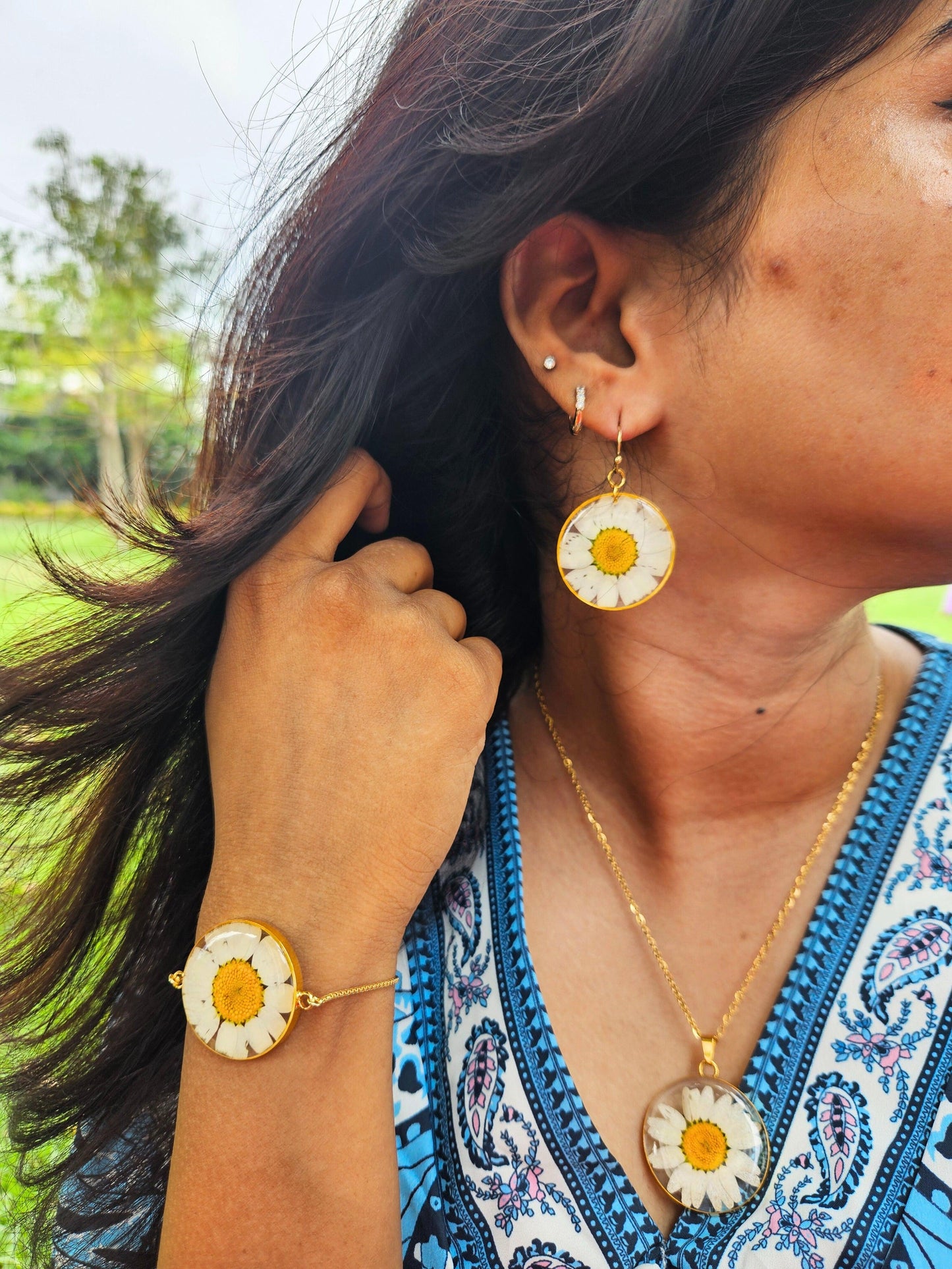 White Daisy Elegance Set | Real Flower Jewellery | Elnorah Jewellery