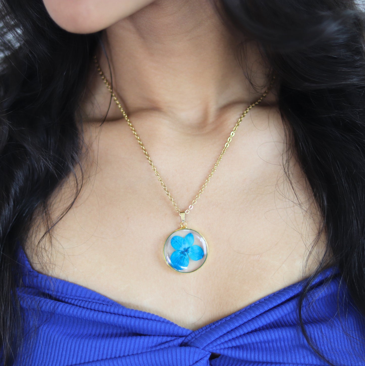 Azure Blossom Pendant Blue | Real Flower Jewellery | Elnorah Botanical Jewellery | Valentines day gift