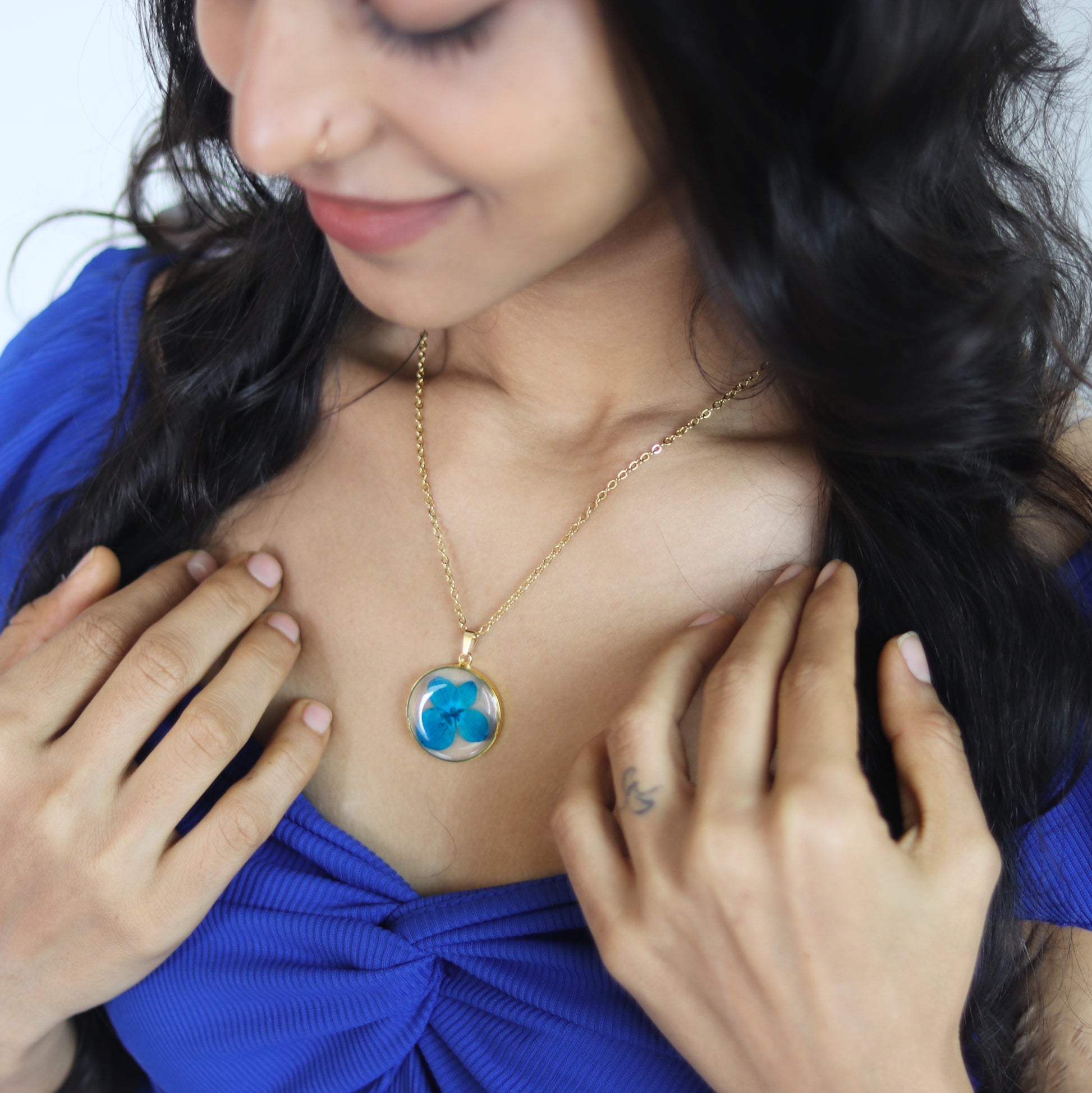 Azure Blossom Pendant Blue | Real Flower Jewellery | Elnorah Botanical Jewellery | Valentines day gift