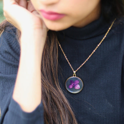 Azure Blossom Pendant Purple | Real Flower Jewellery | Elnorah Botanical Jewellery