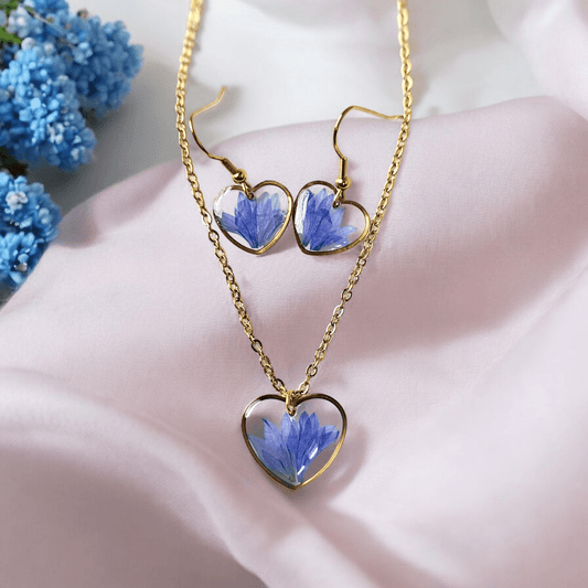 Love Blossom Blue Cornflower Jewellery set | Minimalistic earrings | Valentines day gift | Gift for women | Real flower jewellery | Elnorah Jewellery