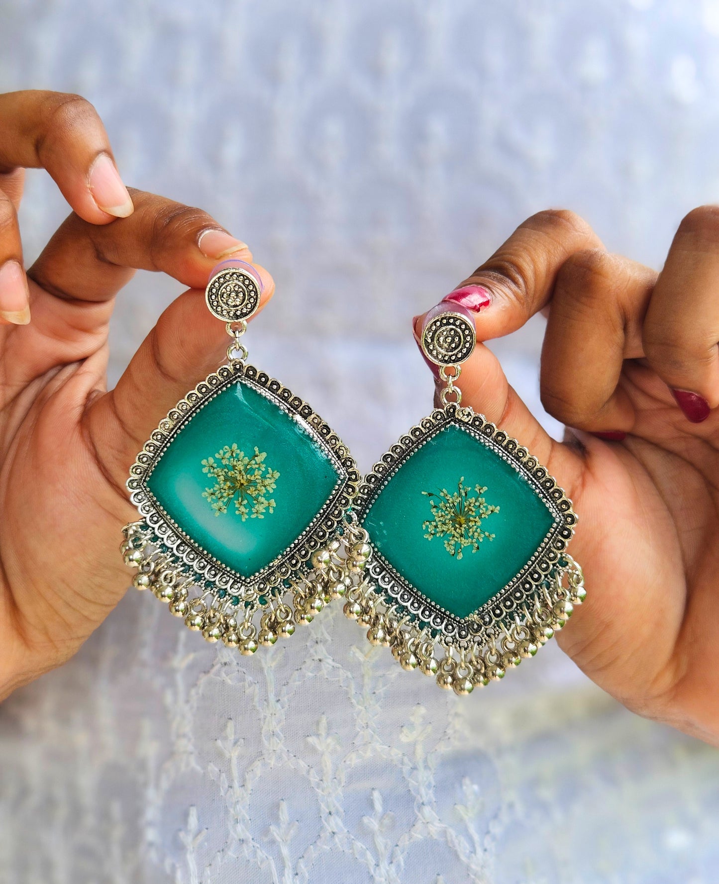 Emerald Lace Jhumka | Real Flower Jewellery | Botanical floral Jhumka Elnorah