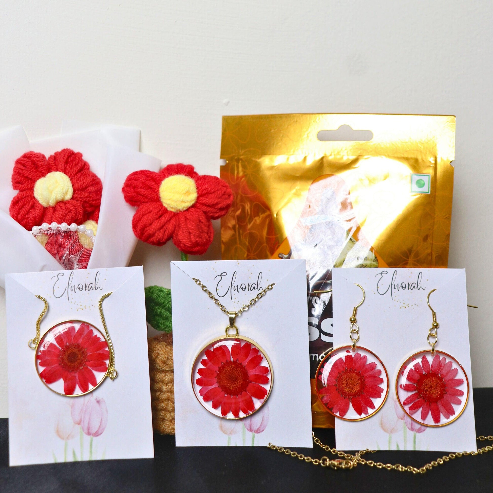 Forever Daisy Love Box | Red daisy necklace earrings bracelet | Valentines day gift hamper