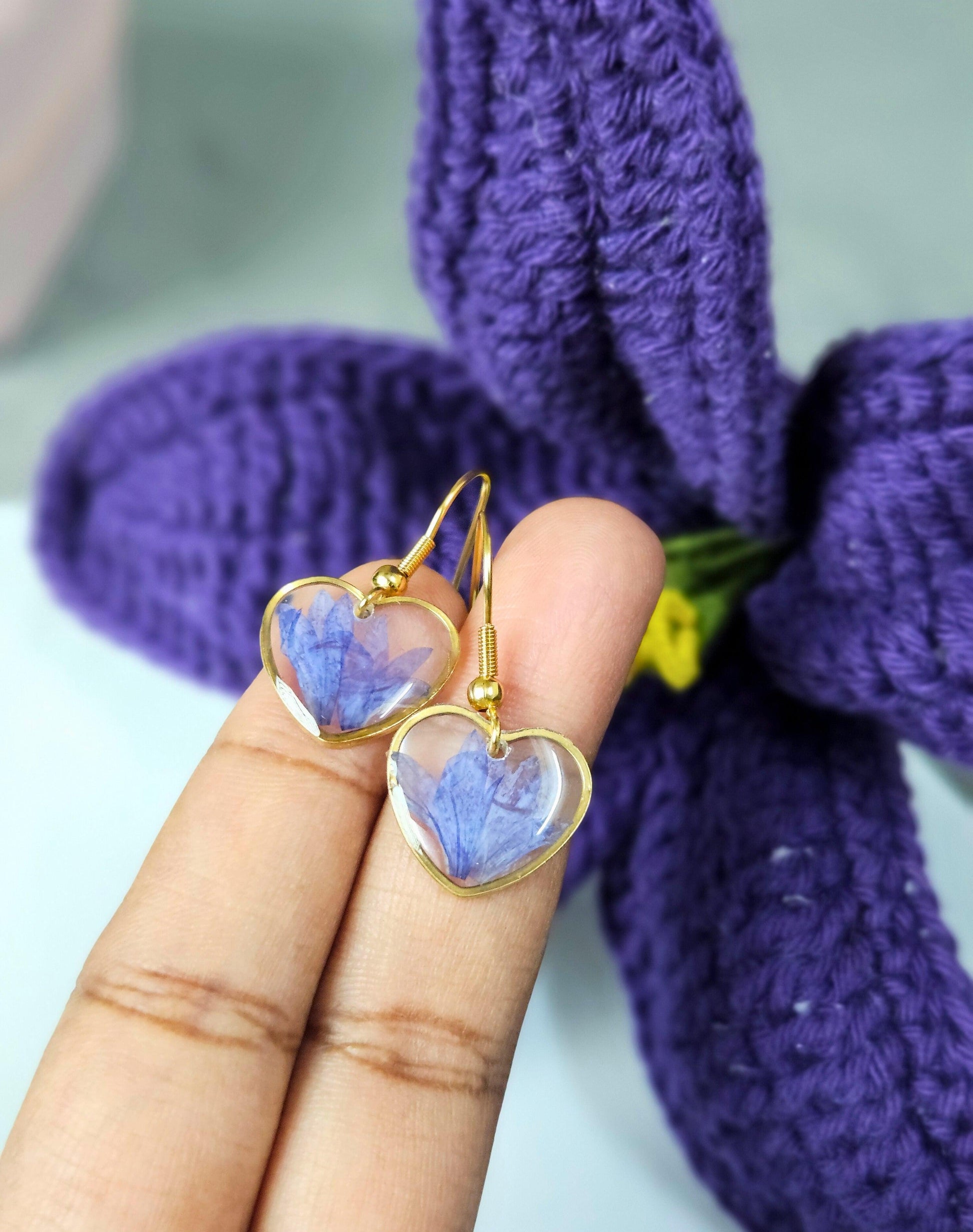 Love Blossom Blue Cornflower Heart Earrings | Minimalistic earrings | Valentines day gift | Gift for women | Real flower jewellery | Elnorah Jewellery