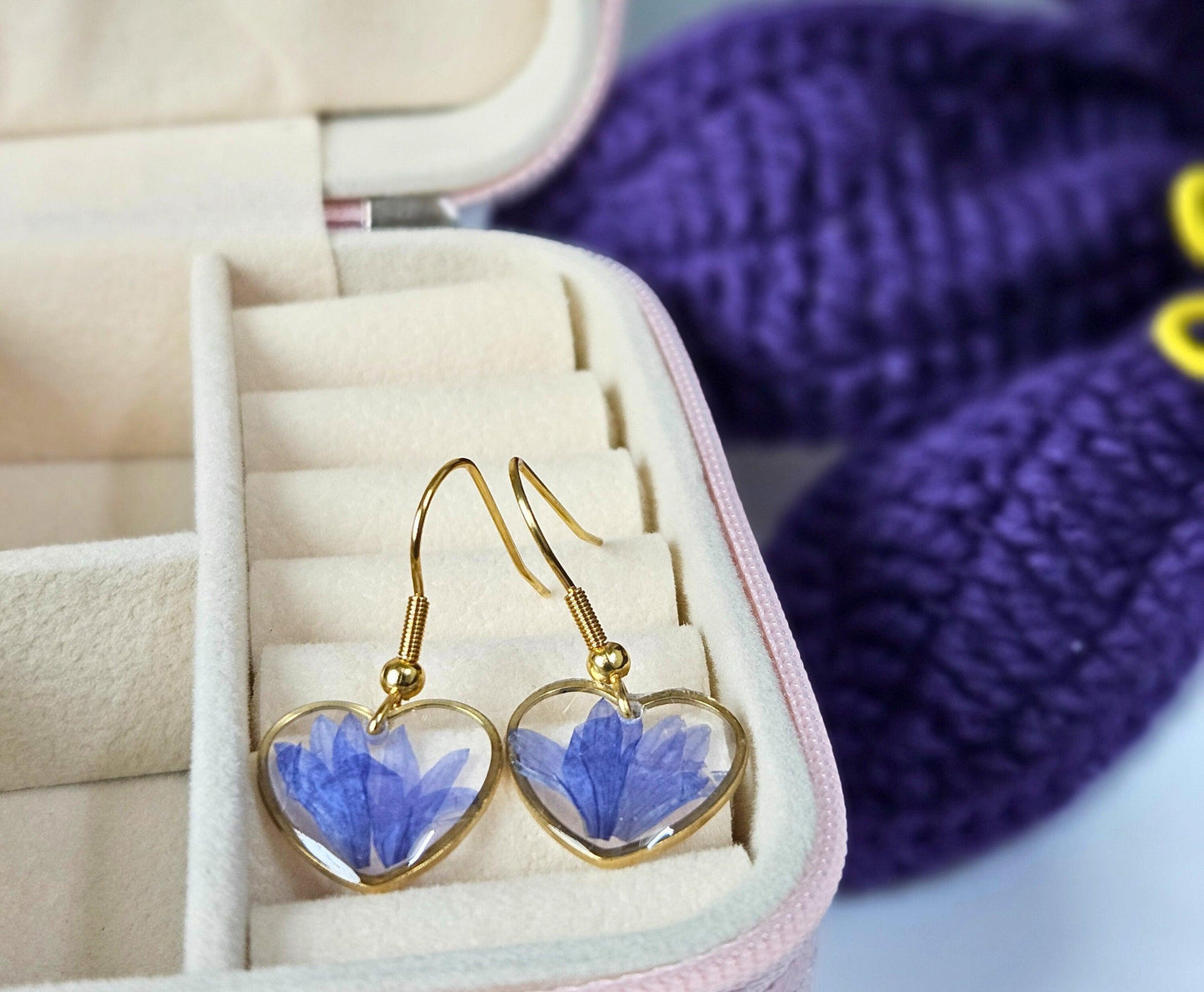 Love Blossom Blue Cornflower Heart Earrings | Minimalistic earrings | Valentines day gift | Gift for women | Real flower jewellery | Elnorah Jewellery