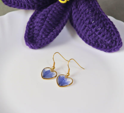 Love Blossom Blue Cornflower Heart Earrings | Minimalistic earrings | Valentines day gift | Gift for women | Real flower jewellery | Elnorah Jewellery