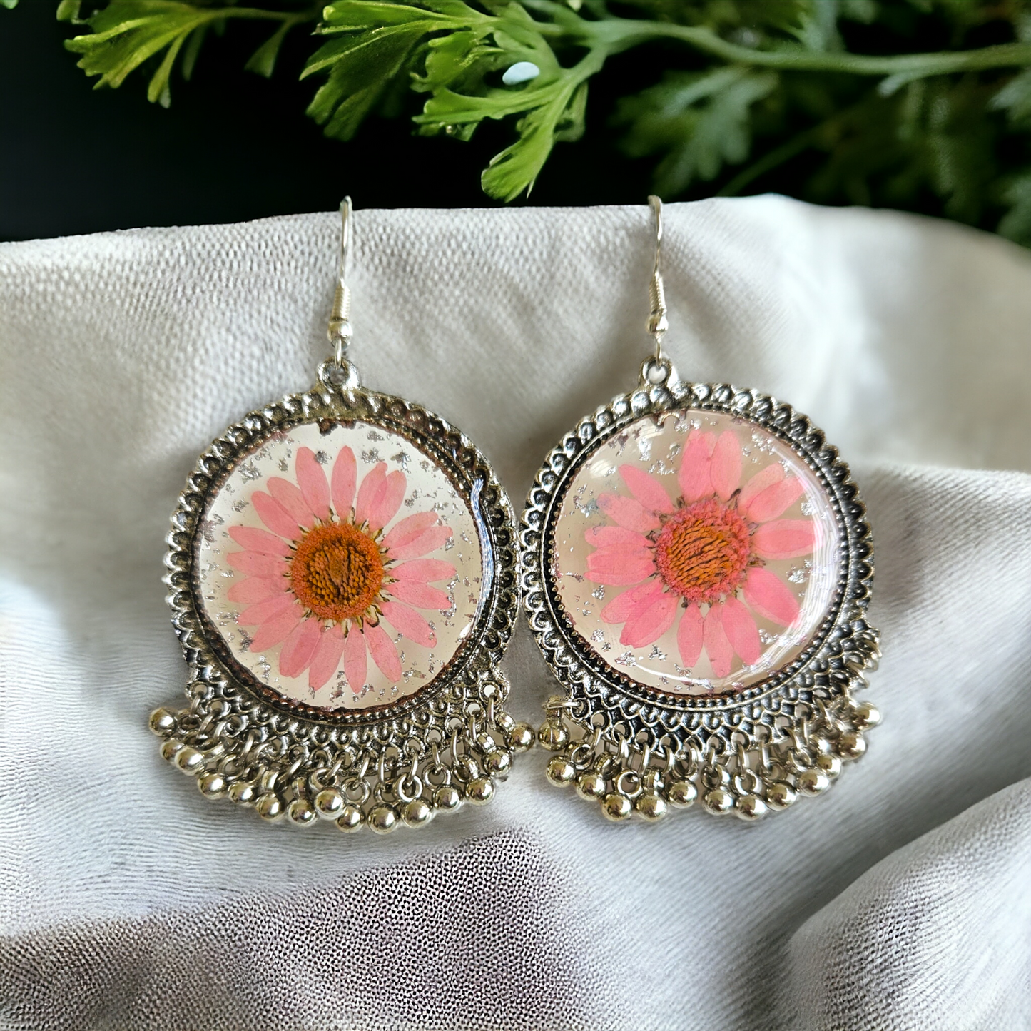 Pink Daisy Sparkle Jhumka | Floral Jhumka | Real Flower Jewellery