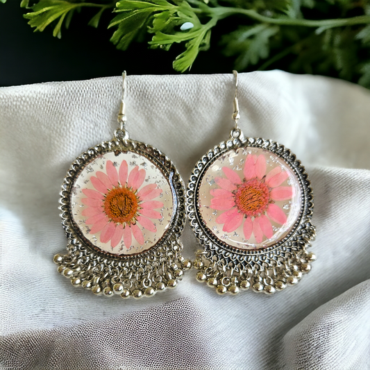 Pink Daisy Sparkle Jhumka | Floral Jhumka | Real Flower Jewellery