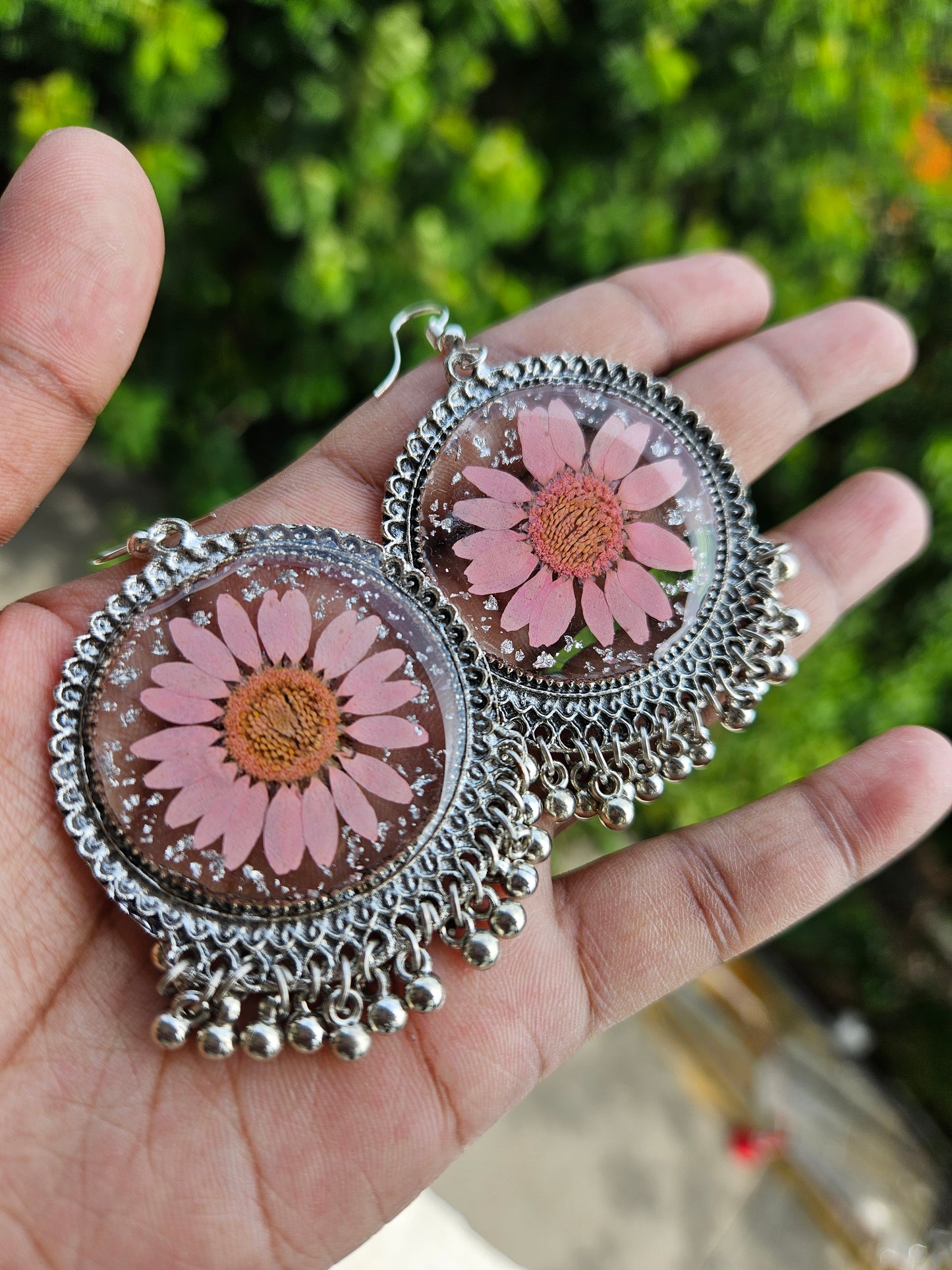 Pink Daisy Sparkle Jhumka | Floral Jhumka | Real Flower Jewellery