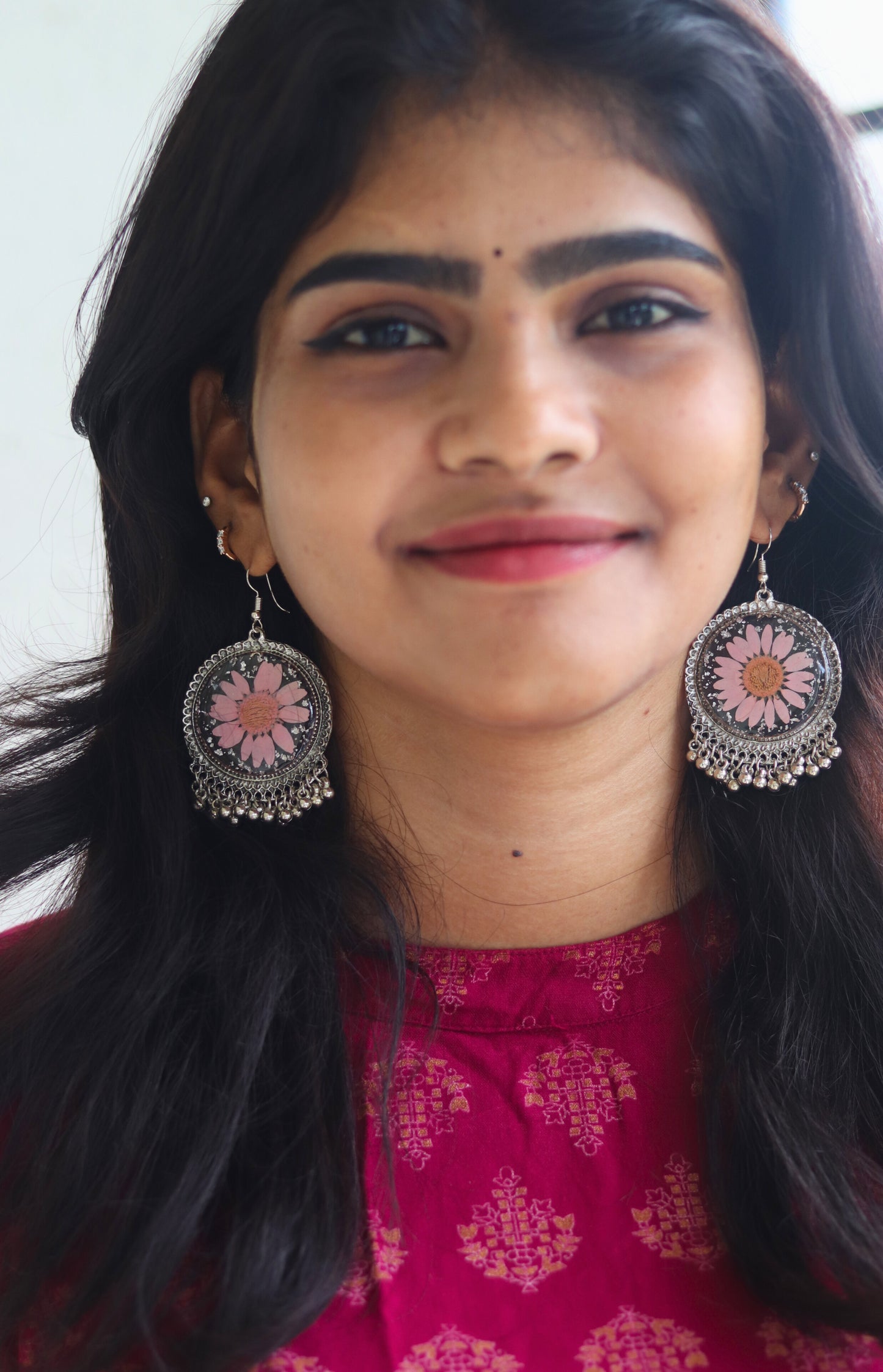 Pink Daisy Sparkle Jhumka | Floral Jhumka | Real Flower Jewellery