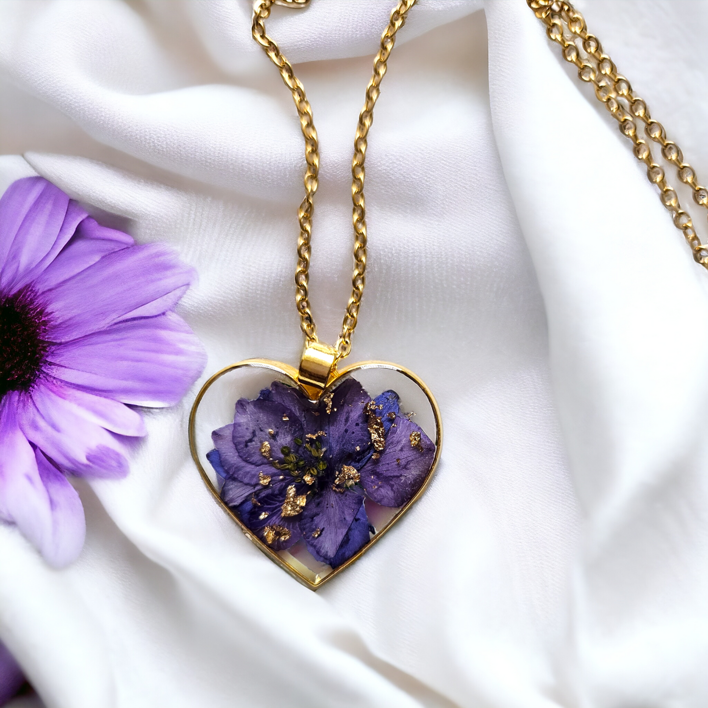 Purple Lily Heart Pendant | Real Flower Jewellery | Elnorah Jewellery