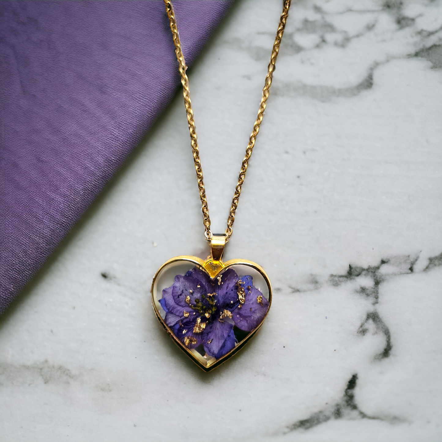 Purple Lily Heart Pendant | Real Flower Jewellery | Elnorah Botanical Jewellery