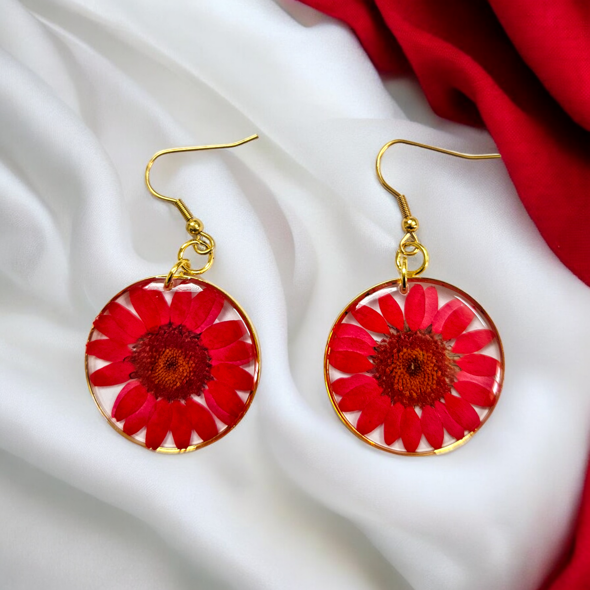 Red Daisy Earrings | Real Flower Earrings | Earrings for women | Gifts for her