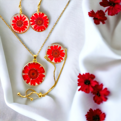 Red Bloom Set (Necklace, Bracelet, Earrings) | Real Flower Jewellery | Botanical Jewellery | Elnorah