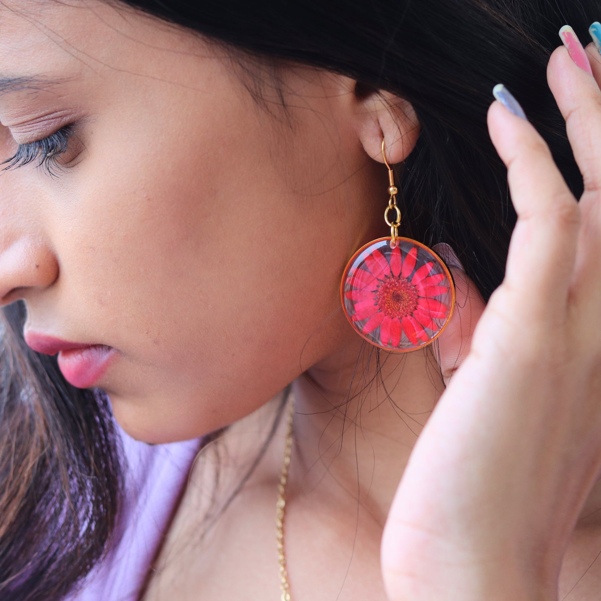 Red Daisy Earrings | Real Flower Earrings | Gifts for girlfriend and wife | Jewellery for women