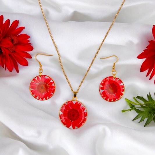 Red Daisy Jewellery Set | Real Flower Jewellery | Elnorah Botanical Jewellery