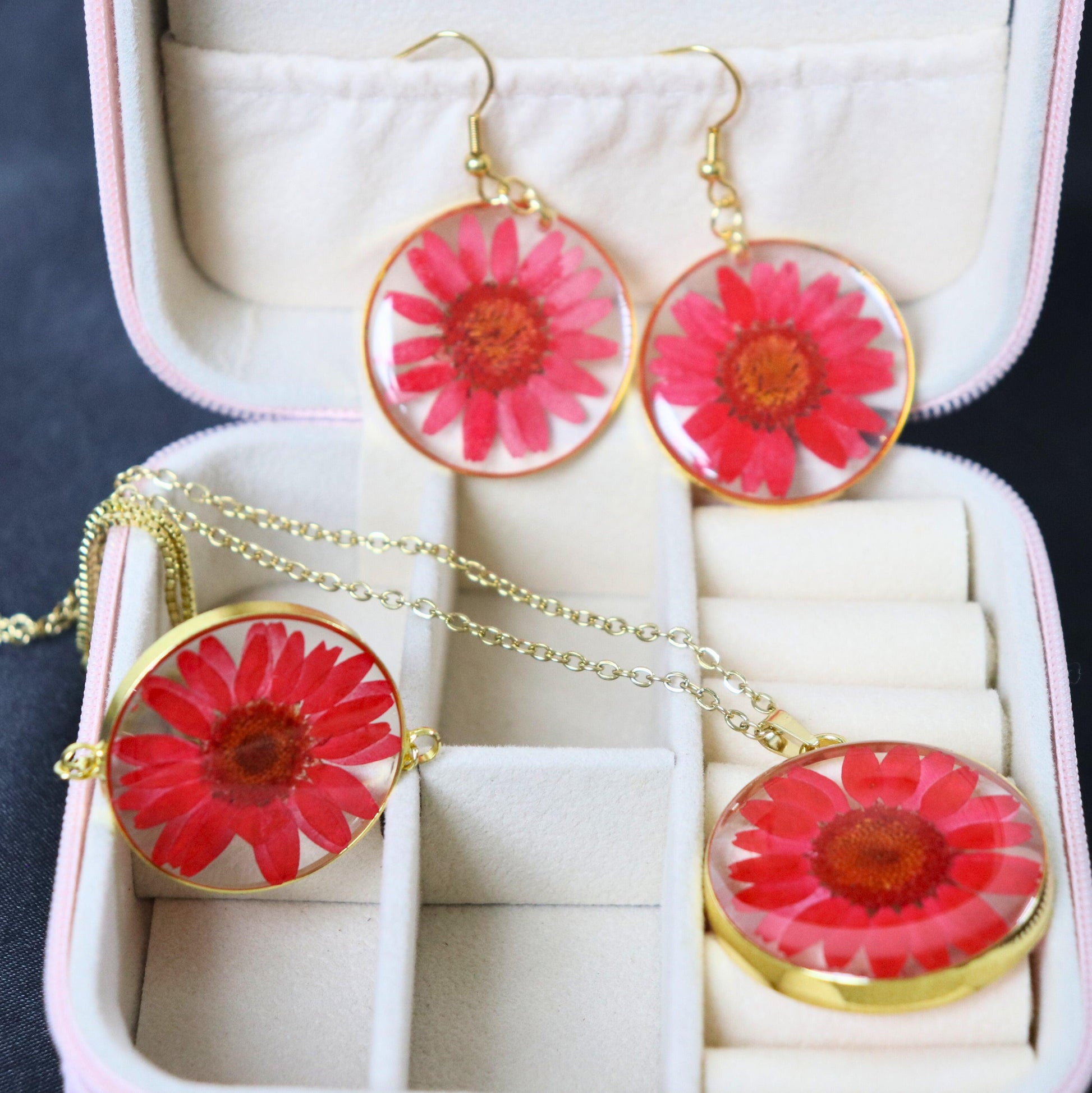 Forever Daisy Love Box | Red daisy necklace earrings bracelet | Valentines day gift hamper