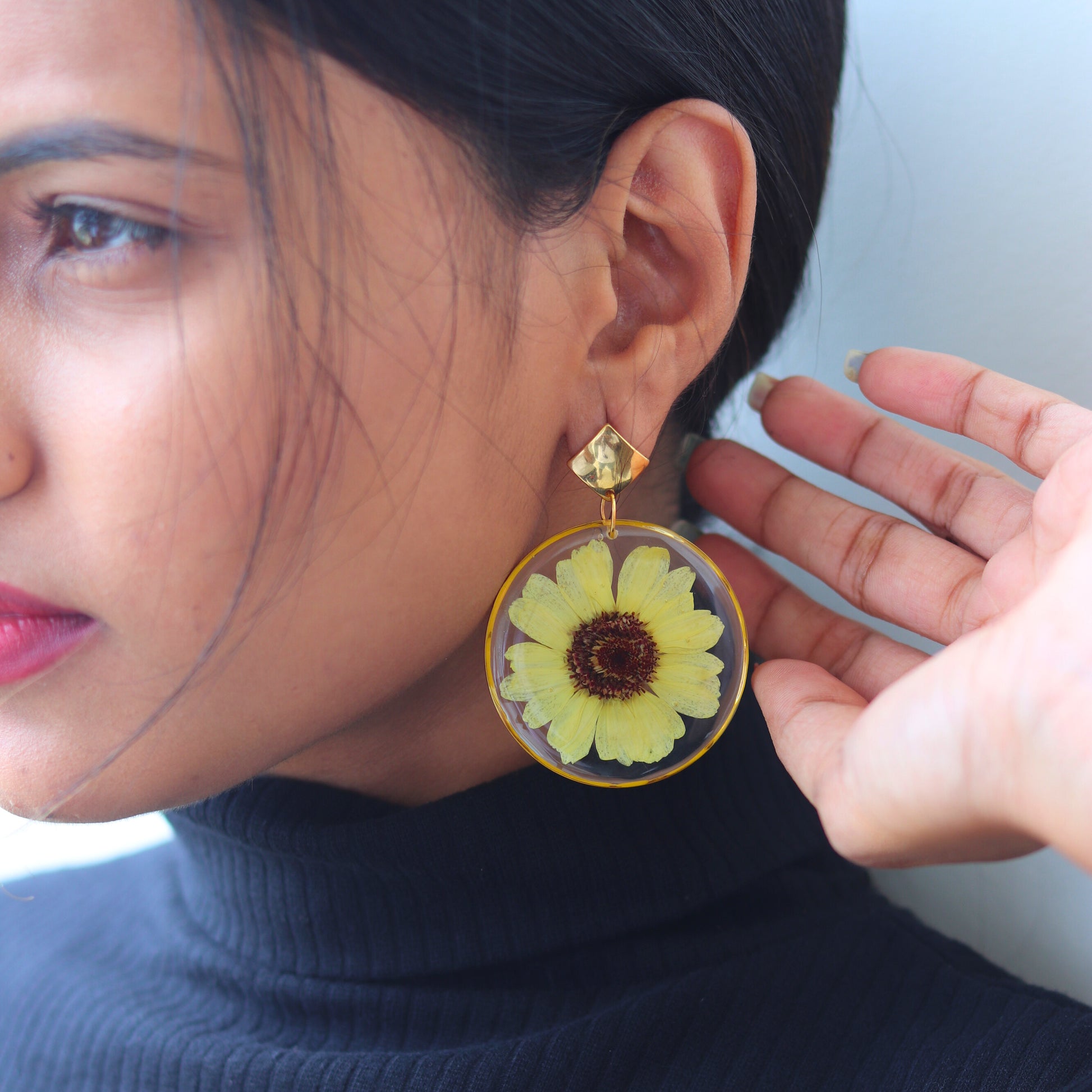 Sunflower Earrings | Real Flower Jewellery | Gifts for girlfriend and wife | Elnorah Jewellery