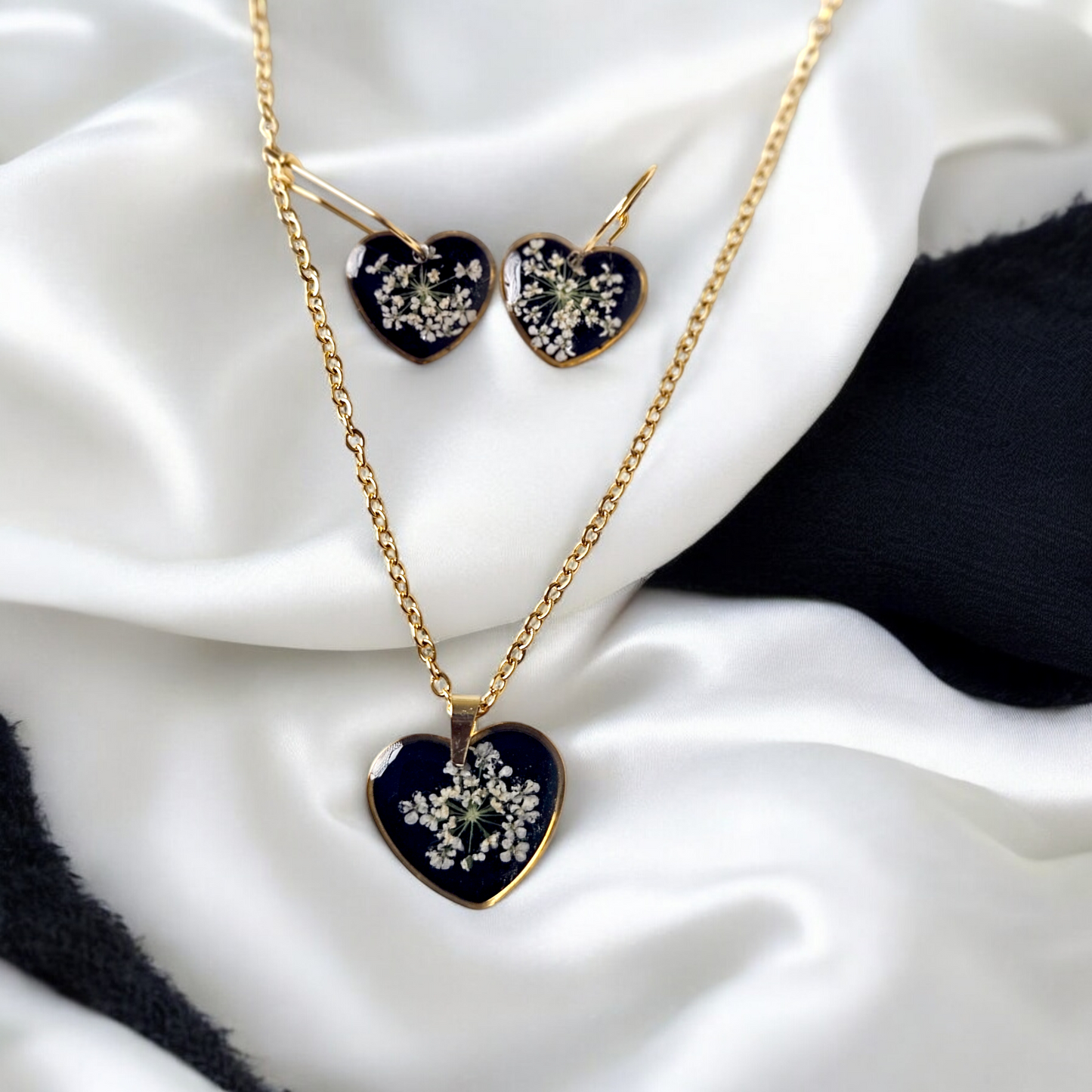 Midnight Bloom Lace Heart Jewellery set | Valentines day gift | Gifts for women | Real flower Jewellery | Elnorah Jewellery